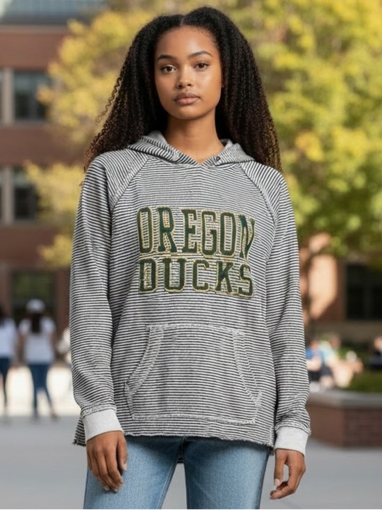 Blue 84 Tops - Women's Blue 84 Cream/Gray Oregon Ducks Striped Raglan Pullover Hoodie